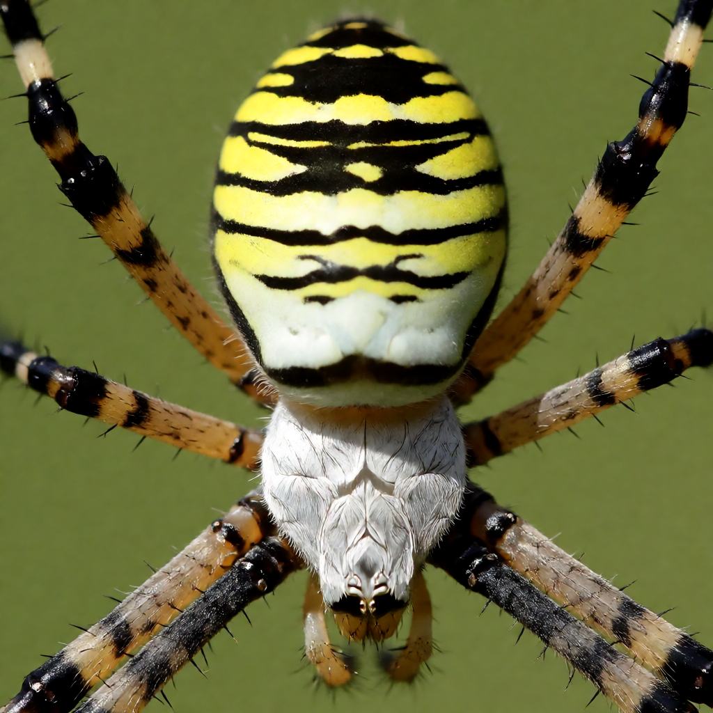 Close-up of a wasp spider showing the bold yellow and black bands across the abdomen, the silvery head and the long banded legs