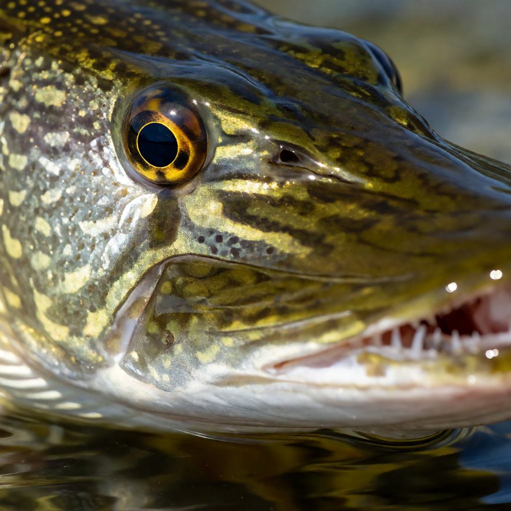 Close-up of a northern pike's head showing the broad flat duck-like bill, the rows of sharp teeth and the pale spots on the flank