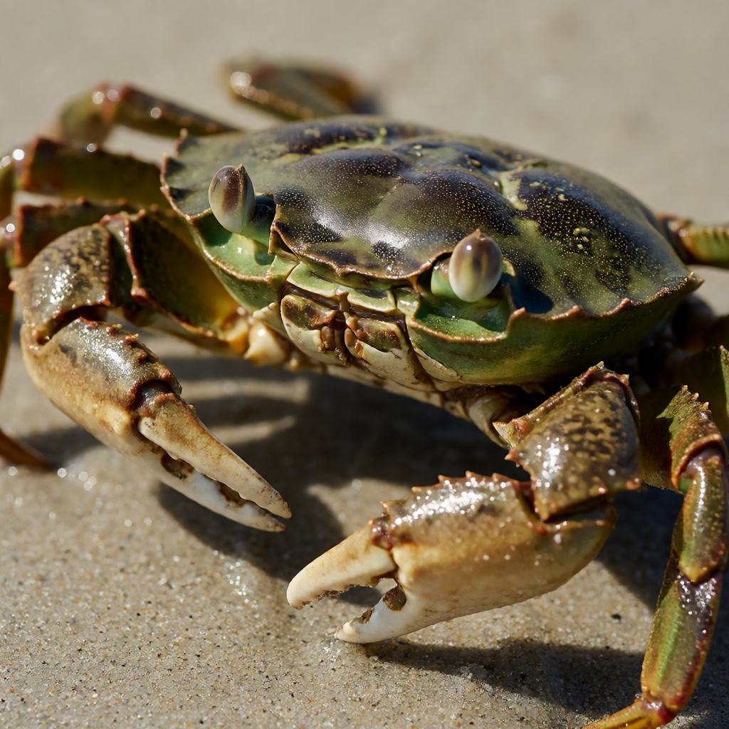 Close-up of a green shore crab showing the mottled green shell, the stalked eyes and the unequal claws with dark tips