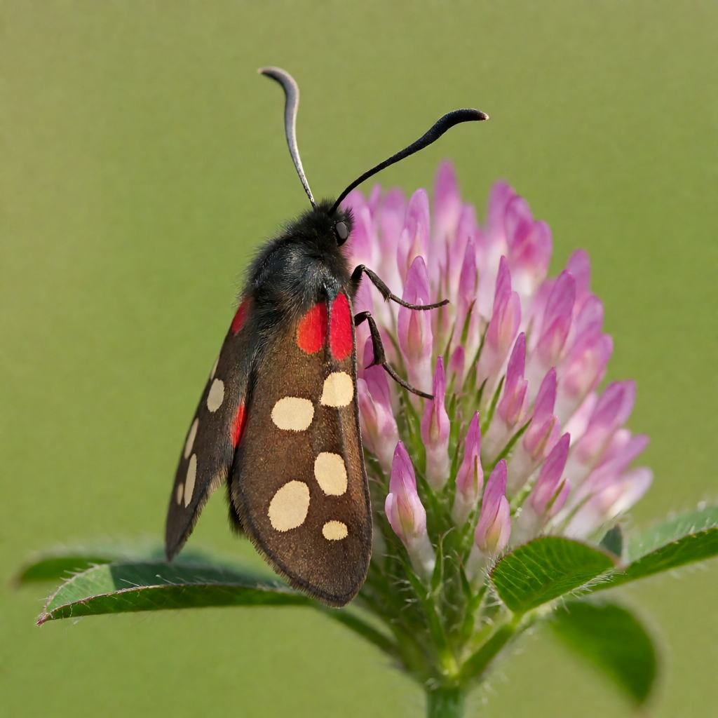 Close-up of a six-spot burnet showing the sooty brown body, the flat-held forewings and the 6 large pale spots set in two rows of three
