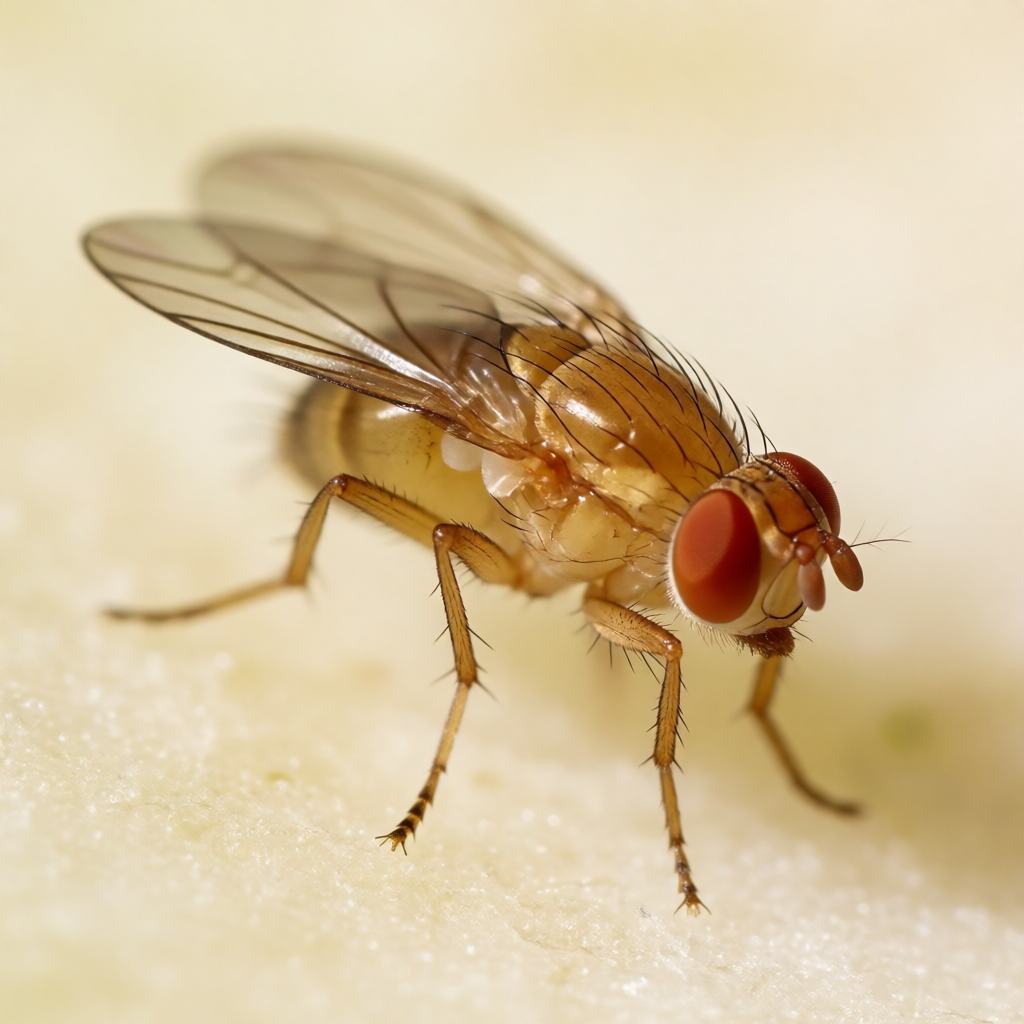 Close-up of a fruit fly showing the bright red eyes, the tan body with a darker band across the back and the clear wings marked with two dark spots