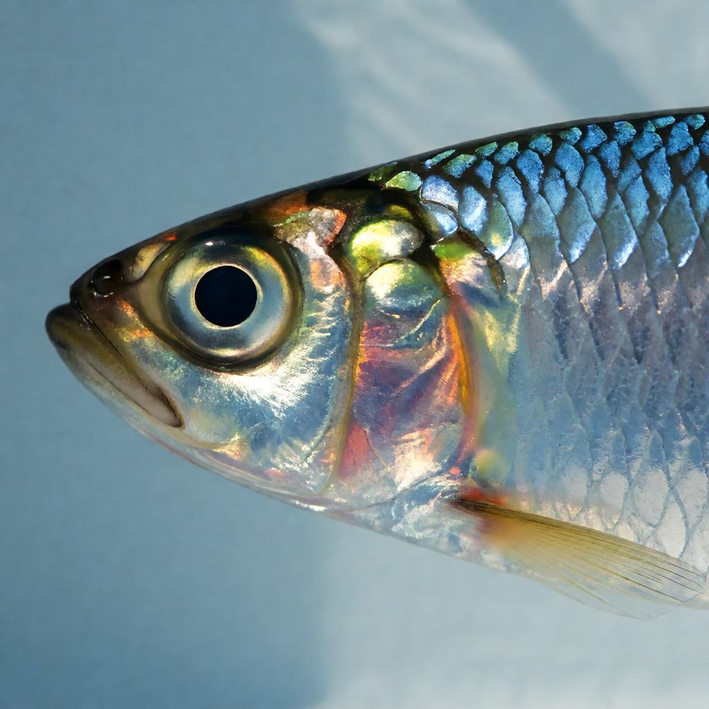 Close-up of a European sardine showing the bright silver flank, the deep blue back and the small fine mouth set for the fast short swim