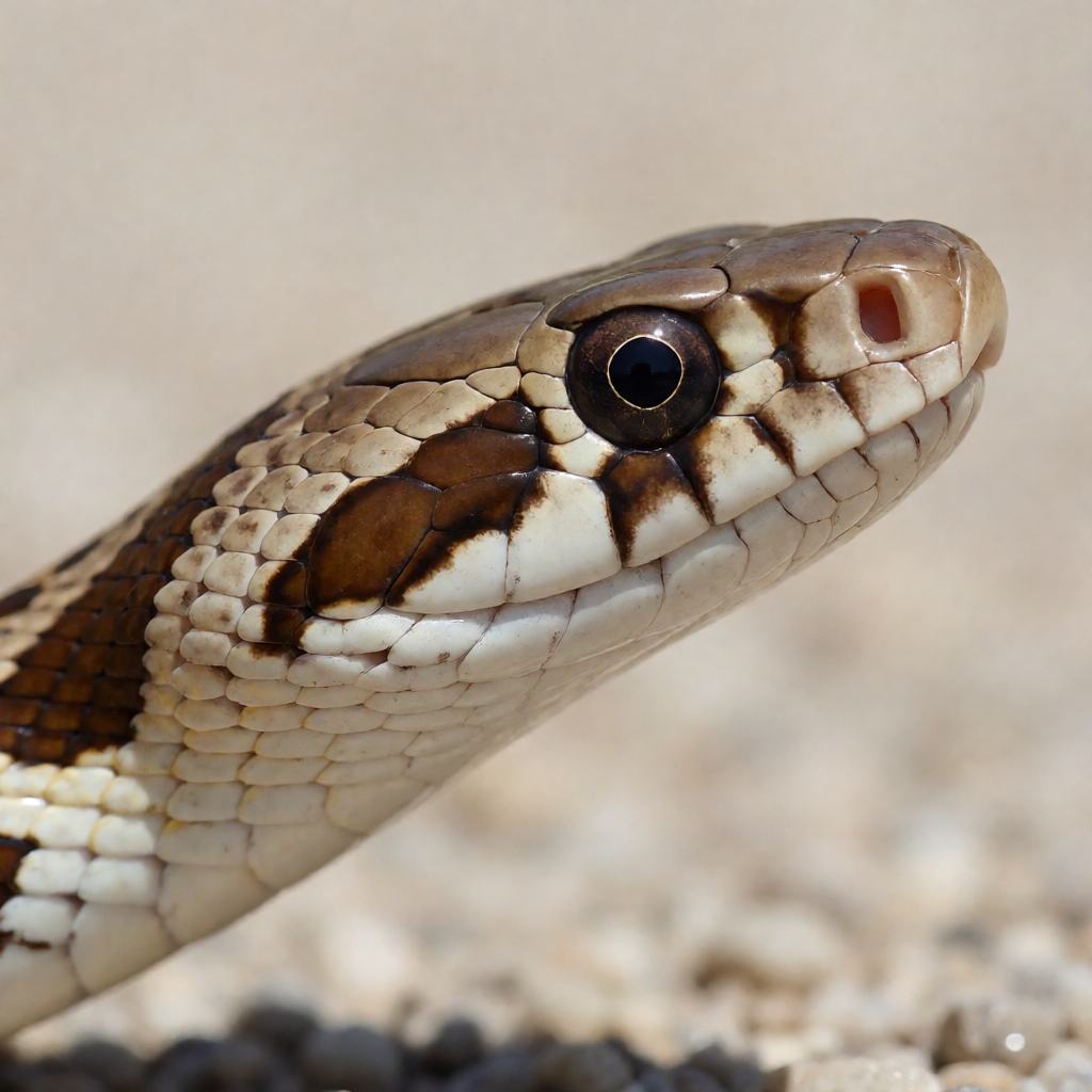 Close-up of a horseshoe whip snake showing the narrow small head, the large dark eye and the broad dark horseshoe-shaped band on the grey neck