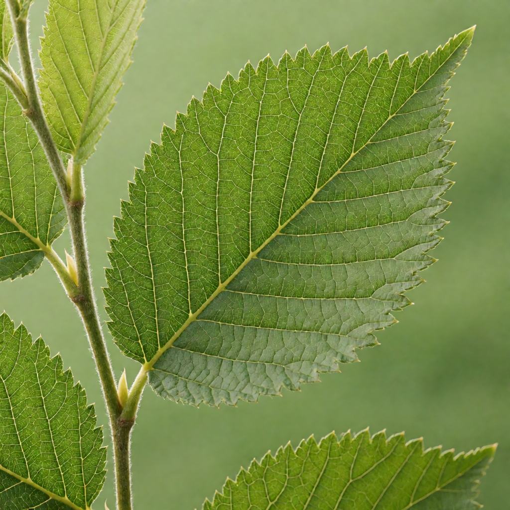 Close-up of a European elm showing the large oval leaves with the fine serrated edge and the grey bark of the long-lived tree