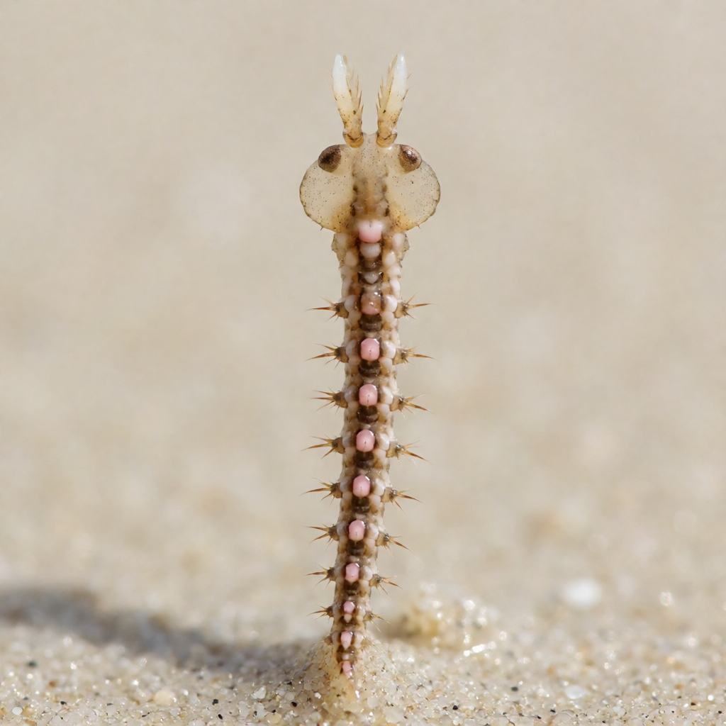 Close-up of a headworm showing the large swollen head with its two long pale feelers and the two rows of soft bristly paddles down the body