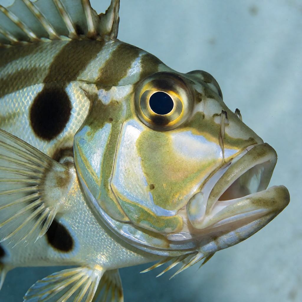 Close-up of a John Dory showing the huge head, the dark round spot ringed with pale yellow on the flank and the long trailing spines of the back fin