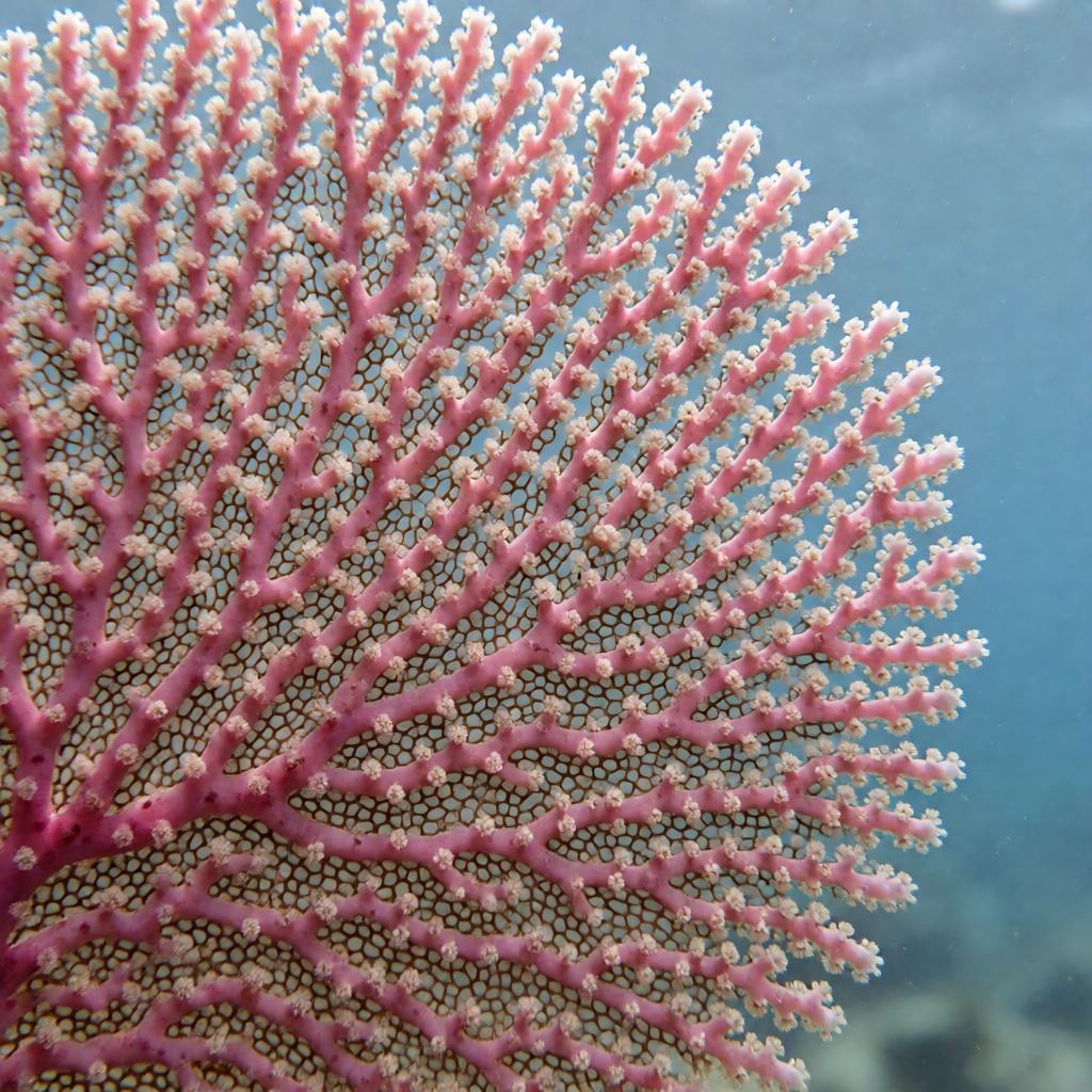 Close-up of a Pink Sea Fan showing the flat fan of pink branches covered with small white polyps, all arranged in a single plane