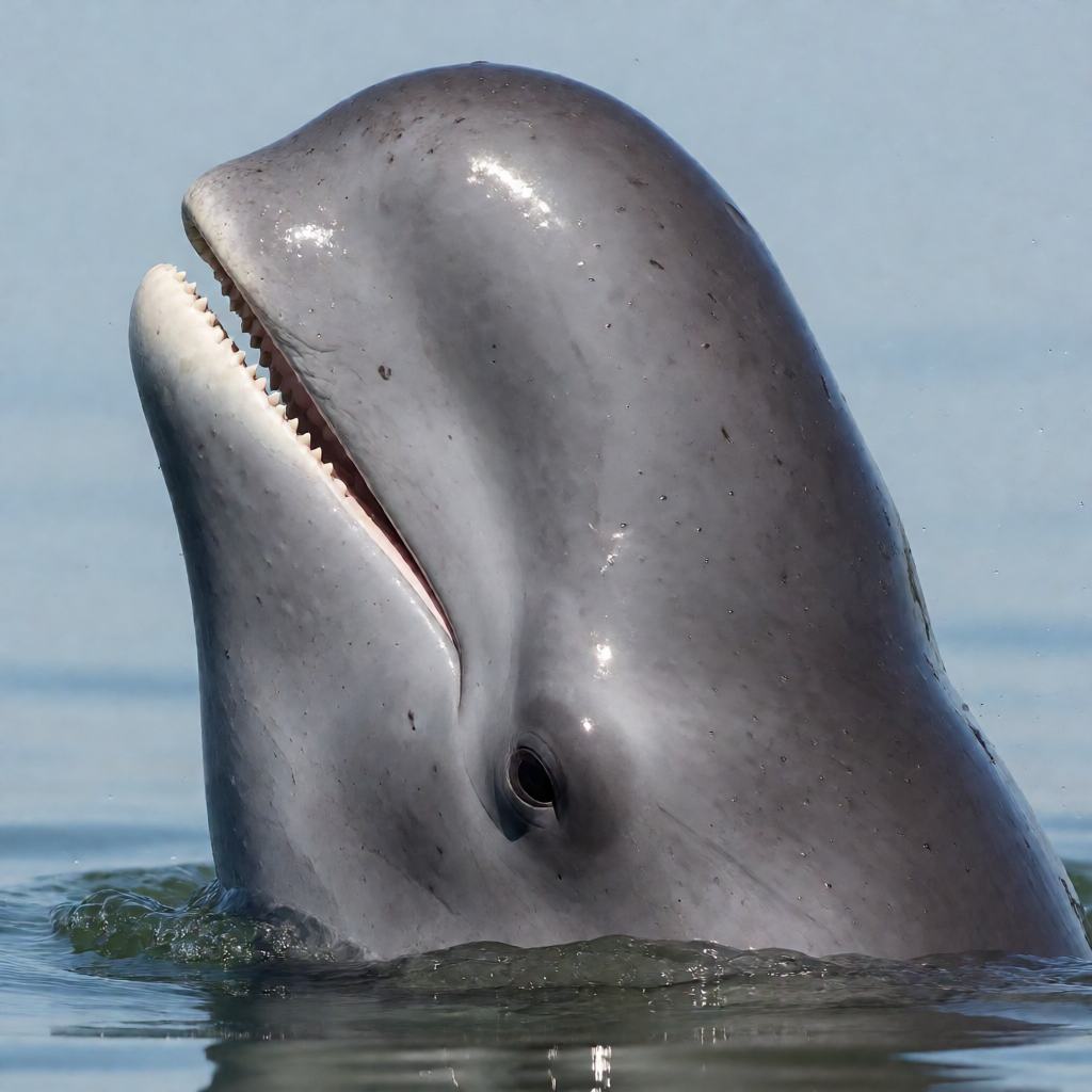 Close-up of the head of a Cuvier's Beaked Whale at the surface, showing the short pale goose like beak, the small lower jaw and the fine pale scars on the grey skin