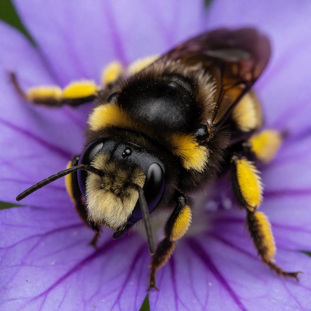 Close-up of a Wool Carder Bee showing the stout black body with bold yellow bands, the yellow patches on the sides and the pale hair on the face