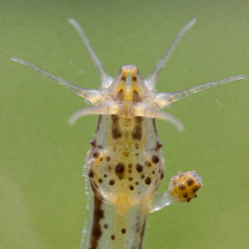 Close-up of a Common Hydra in clear water showing the pale tubular body, the crown of 6 to 8 thin tentacles and a small bud on one side