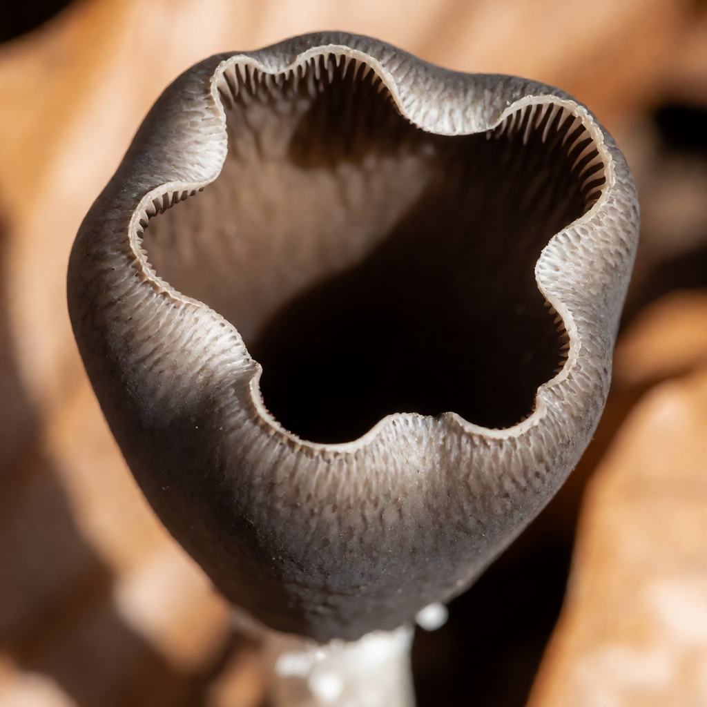 Close-up of a Horn of Plenty showing the deep hollow black funnel, the thin wavy rim and the smooth grey outer surface with no gills