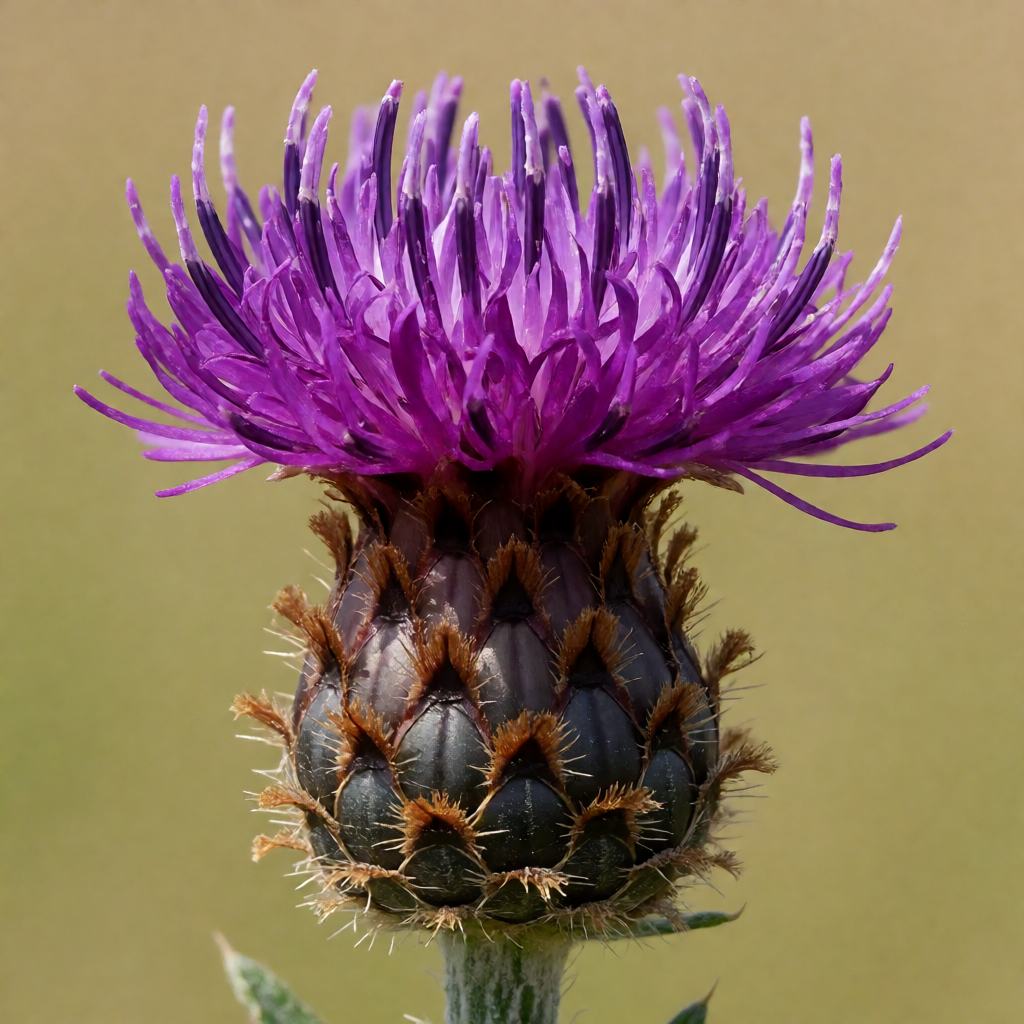 Close-up of a Common Knapweed flower head showing the tuft of thin purple florets, the hard swollen base covered in dark brown scales with a comb like fringe and the deeply divided green leaves