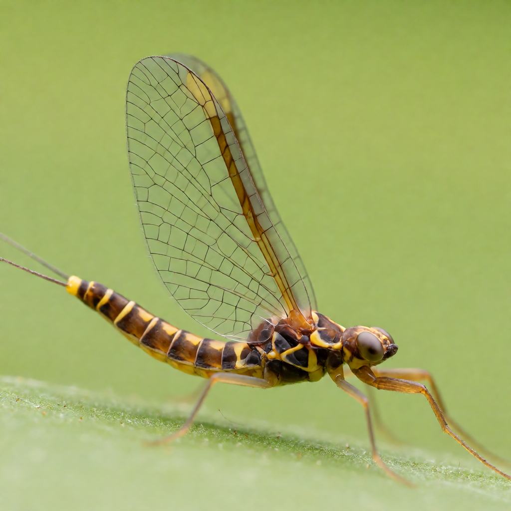 Close-up of a Pond Olive mayfly on a floating leaf showing the slender pale brown body, the large clear front wings held upright and tilted back, the tiny scale like hind wings and the 2 long fringed tails