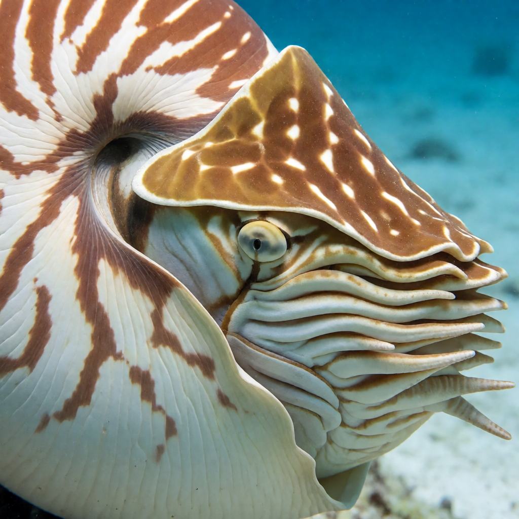 Close-up of a Bellybutton Nautilus on a reef slope showing the flat spiral shell banded in cream and reddish brown, the open hollow at the centre of the coil and the ring of short grooved tentacles around the head