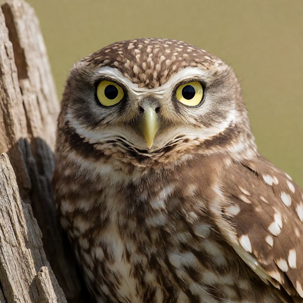 Close-up of a Little Owl on a stone wall showing the flat broad head with no ear tufts, the pale yellow eyes, the brown upperparts with small white spots and the long partly bare legs