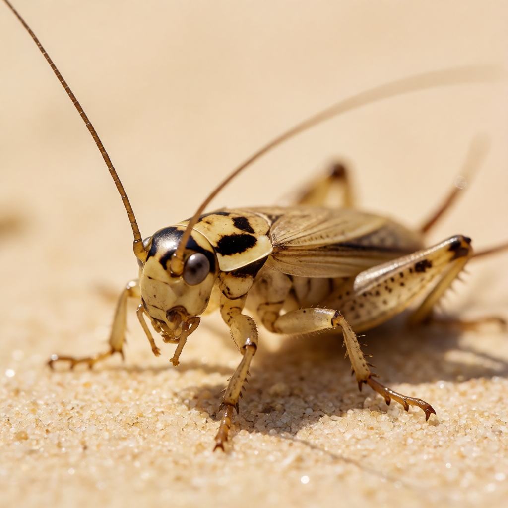 Close-up of a House Cricket on a stone surface showing the pale yellow brown body with faint speckles, the 3 dark bands on the head, the very long thin antennae and the strong spined back legs