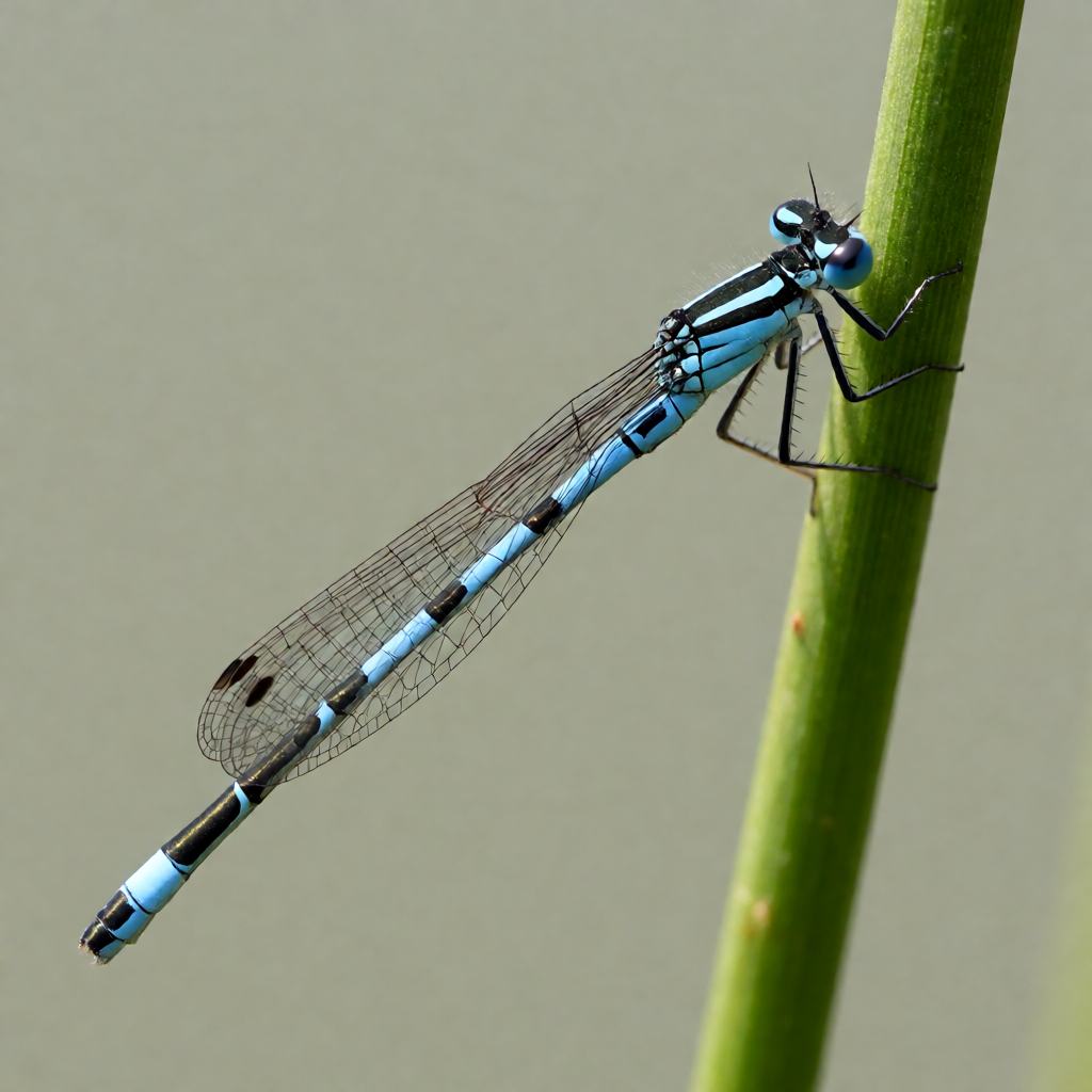 Close-up of a Southern Damselfly on a plant stem showing the blue and black banded body, the 2 large eyes that almost touch, the clear wings folded along the back and the fine hairs on the legs