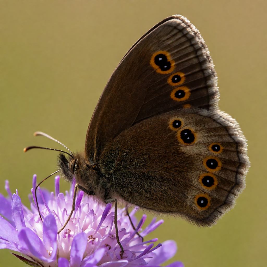 Close-up of a Scotch Argus resting on a grass stem showing the deep chocolate brown wings, the band of orange near the outer edge, the black eyespots each ringed with orange and the thick body covered in brown hairs