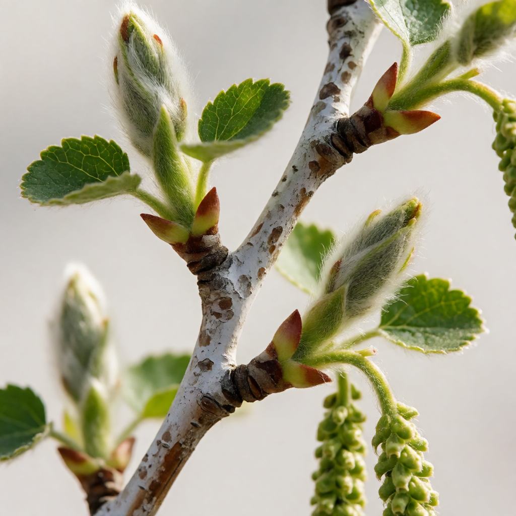 Close-up of a Downy Birch in autumn showing the grey white bark with dark horizontal lines, the small round leaves with fine saw edges, the long yellow male catkins that hang from the twigs and the soft hairs on the young shoots
