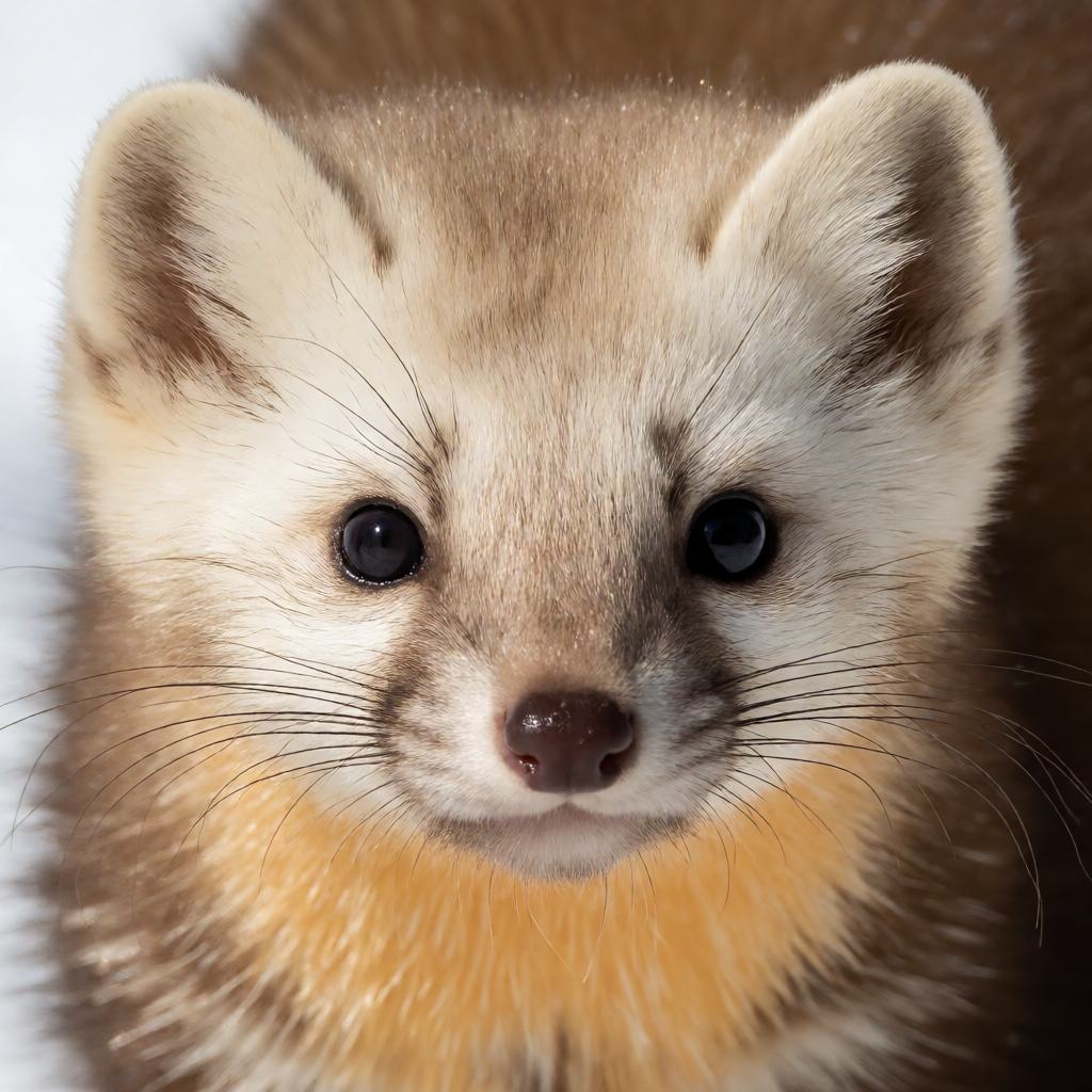 Close-up of an American marten on a conifer trunk showing the golden brown fur, the pale orange throat patch, the pointed face, the rounded ears and the bushy tail held out for balance
