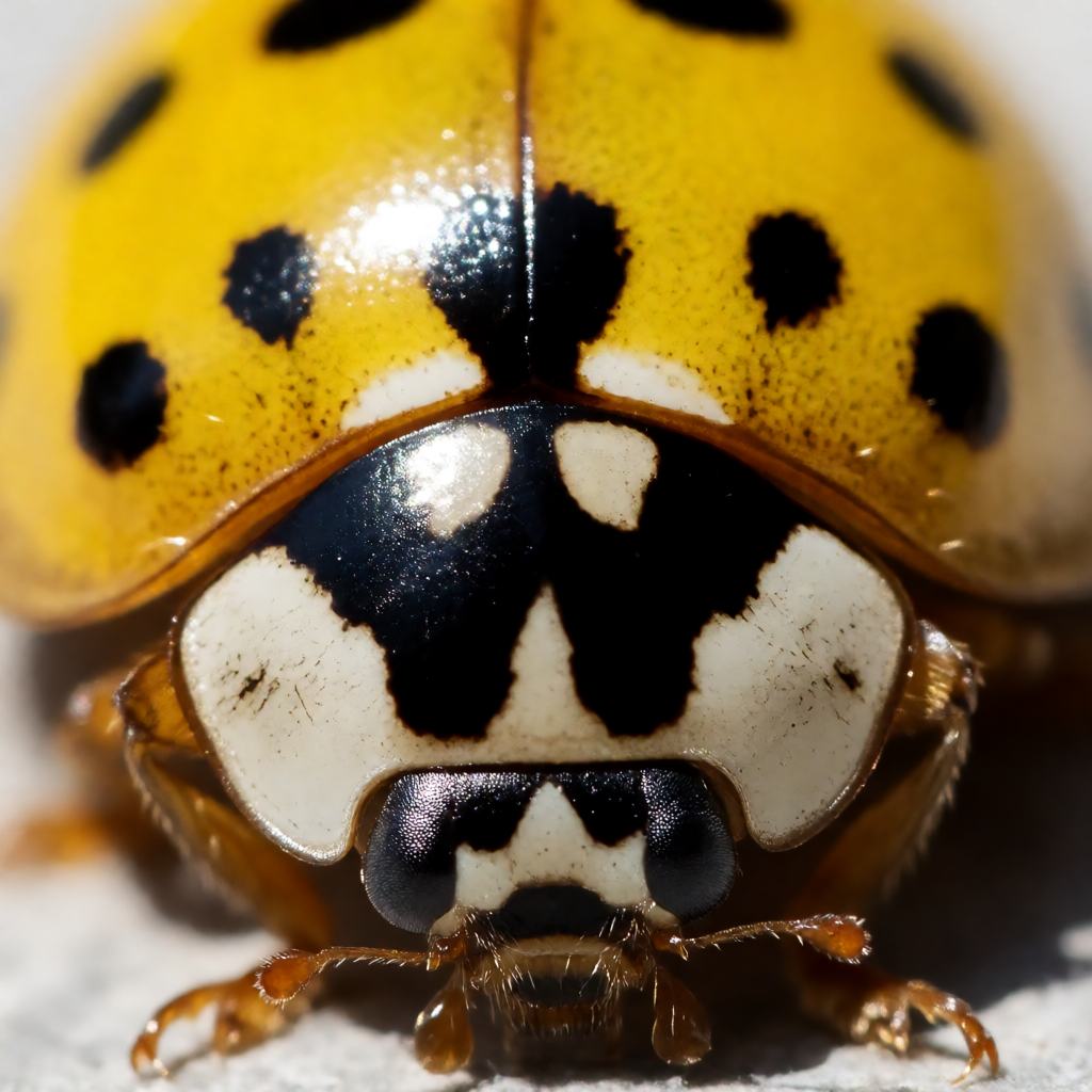 Close-up of a twenty-two-spot ladybird showing the domed lemon yellow wing cases with neat round black spots, the pale plate behind the head and the powdery bloom on the shell