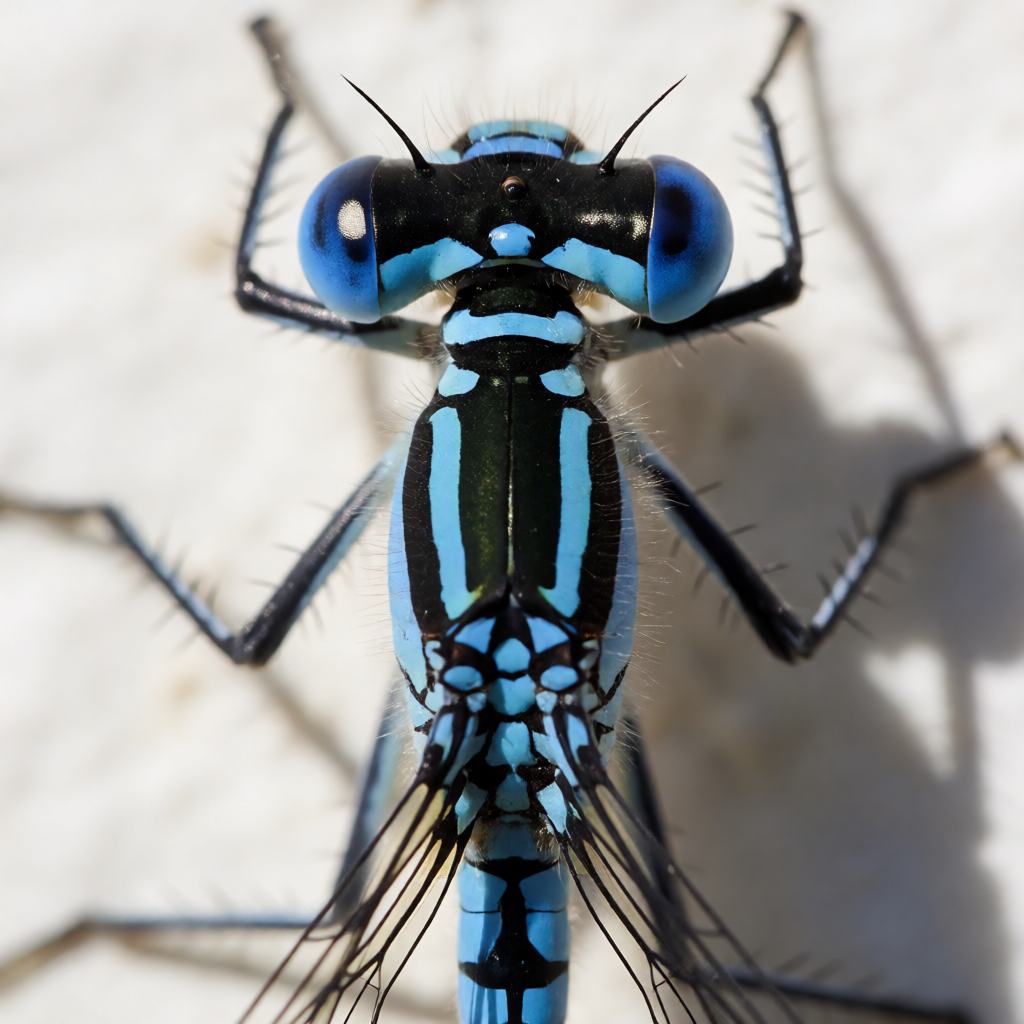 Close-up of a variable damselfly showing the blue and black banded body, the two large separated blue eyes, the spiny legs and the clear wings held along the back
