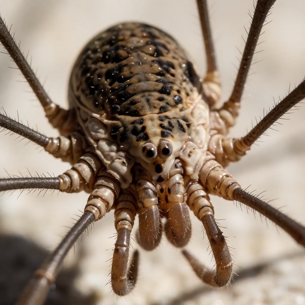 Close-up of a round-bodied harvestman showing the small rounded reddish brown body with no waist, the single eye mound on the front and the extremely long thin legs with fine hairs