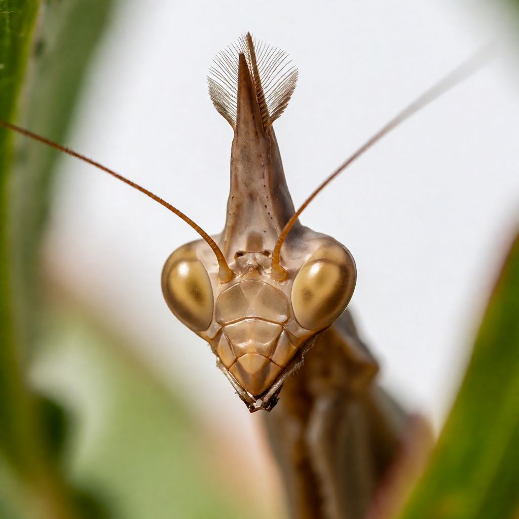 Close-up of the head of a conehead mantis showing the tall pointed cone with a small crest on top, the two large compound eyes on the sides and the long antennae