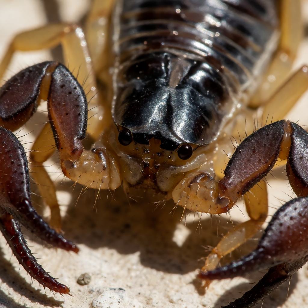 Close-up of an Italian scorpion showing the two large pincers with fine hairs, the small central eyes on top of the head, the glossy dark plates and the tail segments with a curved sting