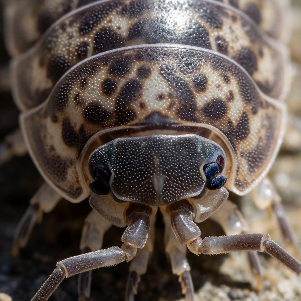 Close-up of an official pill woodlouse showing the smooth grey bronze armour plates with fine granules, the rounded head with short antennae and the pale legs with small claws