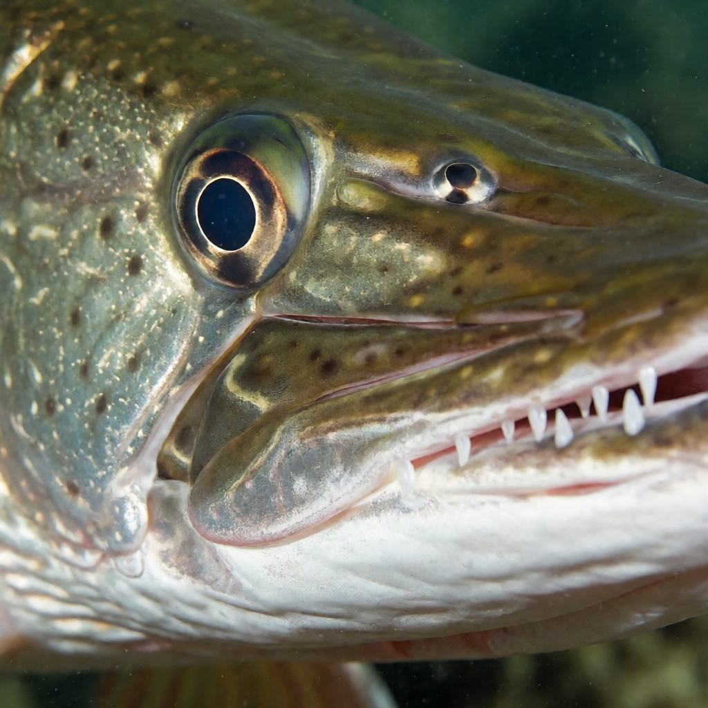 Close-up of the head of a muskellunge showing the broad flat snout, the many sharp backward pointing teeth, the dark eye with a pale ring and the fine spots on the gill cover