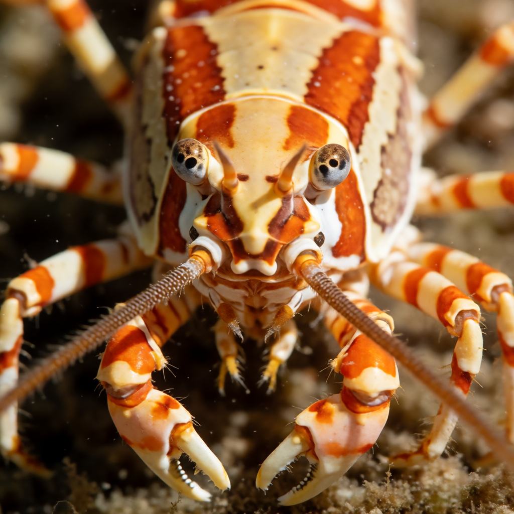 Close-up of a small European locust lobster showing the square box like carapace with smooth plates, the two small front claws, the short scaly antennae and the beaded eyes