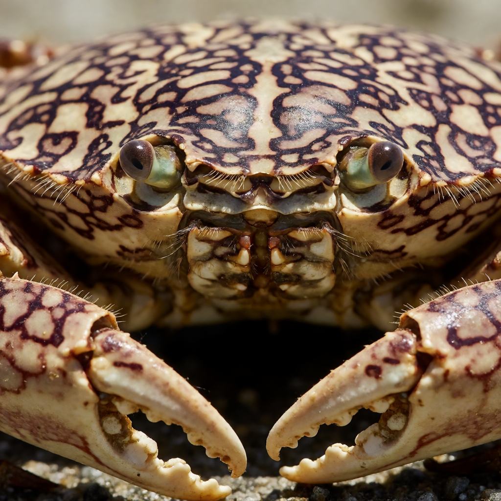 Close-up of a marbled crab showing the dense marbled pattern on the carapace, the two large claws with fine teeth, the stalked eyes and the fringe of fine hairs along the shell edge
