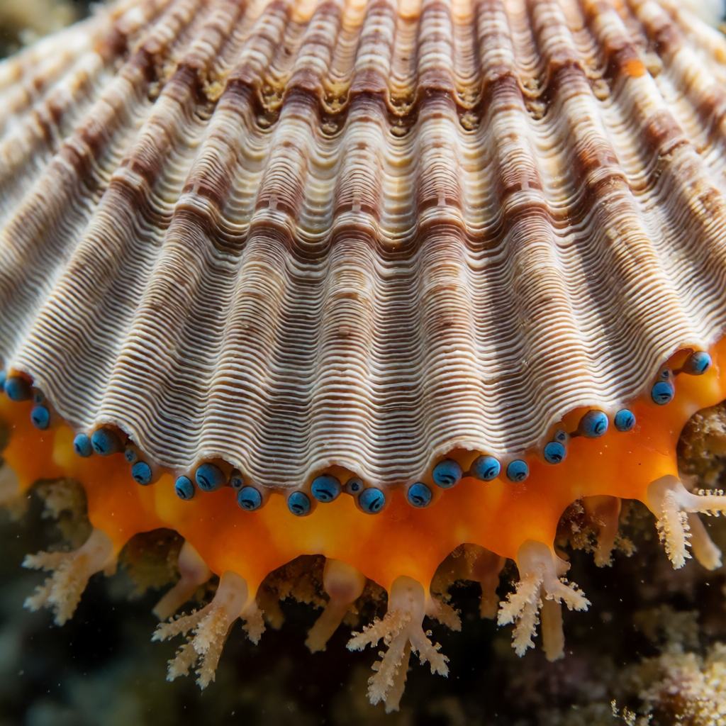 Close-up of a bay scallop showing the deeply ribbed fan shaped shell, the row of tiny brilliant blue eyes along the orange mantle edge and the small finger like tentacles