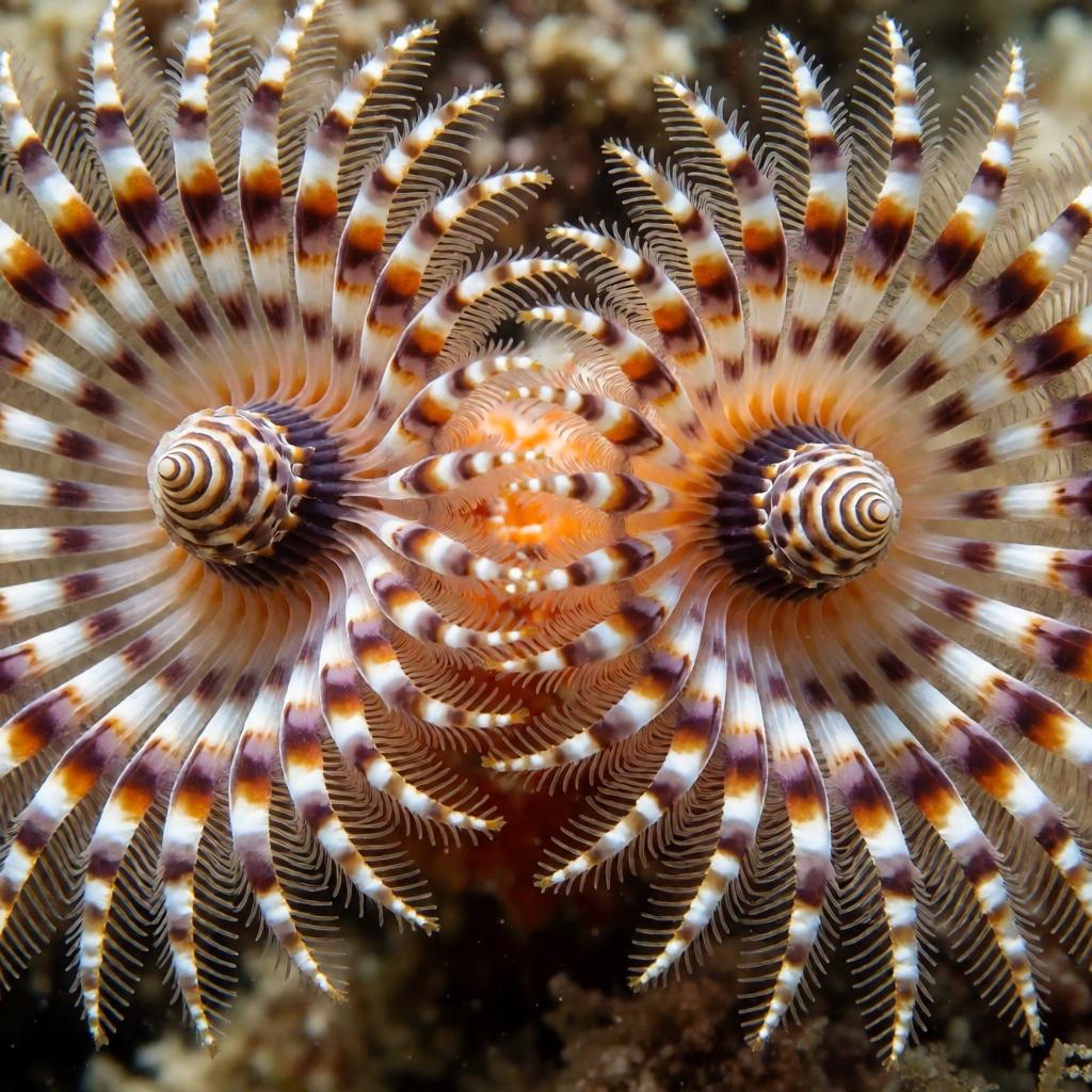 Close-up of the feeding crown of a Mediterranean fanworm showing the two spirals of feathery arms barred with white, orange, brown and purple, and the small funnel that plugs the tube