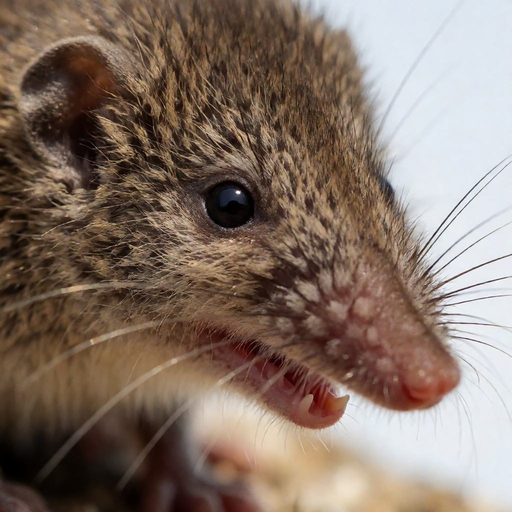 Close-up of the head of a Millet's shrew showing the extremely long pointed snout with fine whiskers, the minute eye, the small hidden ear and the sharp red tipped teeth