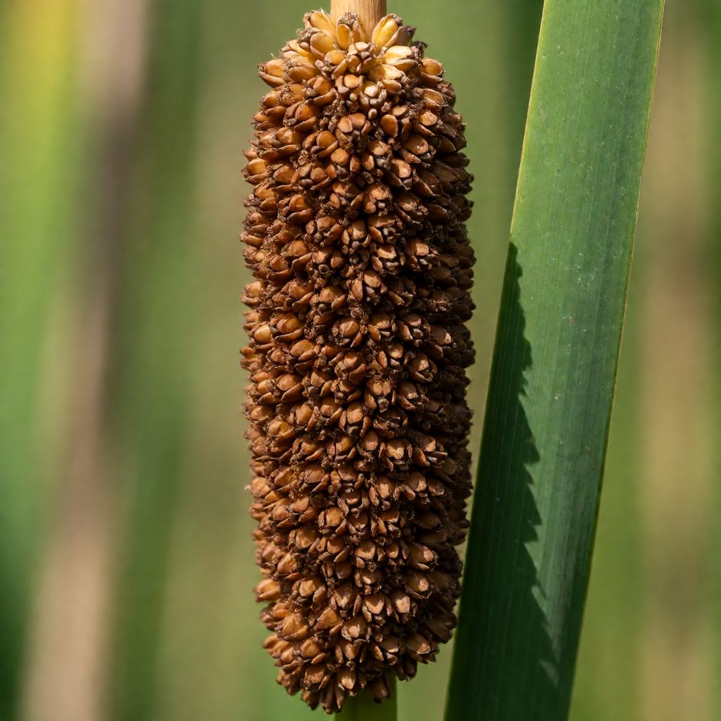 Close-up of a lesser bulrush seed head showing the dense tightly packed brown seeds in a slim cylinder, the bare stalk just above it and the narrow leaves beside it