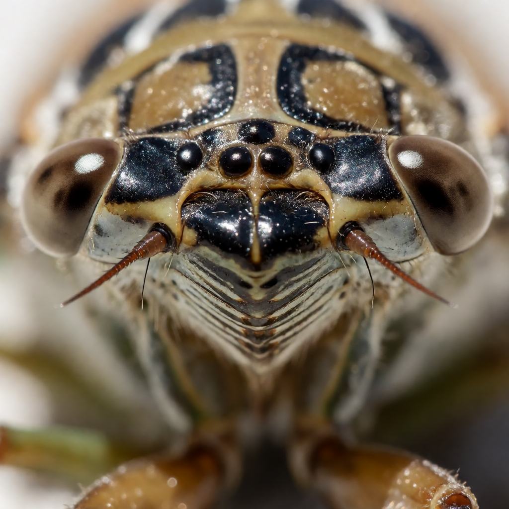 Close-up of an Ash Cicada on a pine twig showing the stout dark body, the two large compound eyes, the three small simple eyes on the crown and the clear wings folded over the back