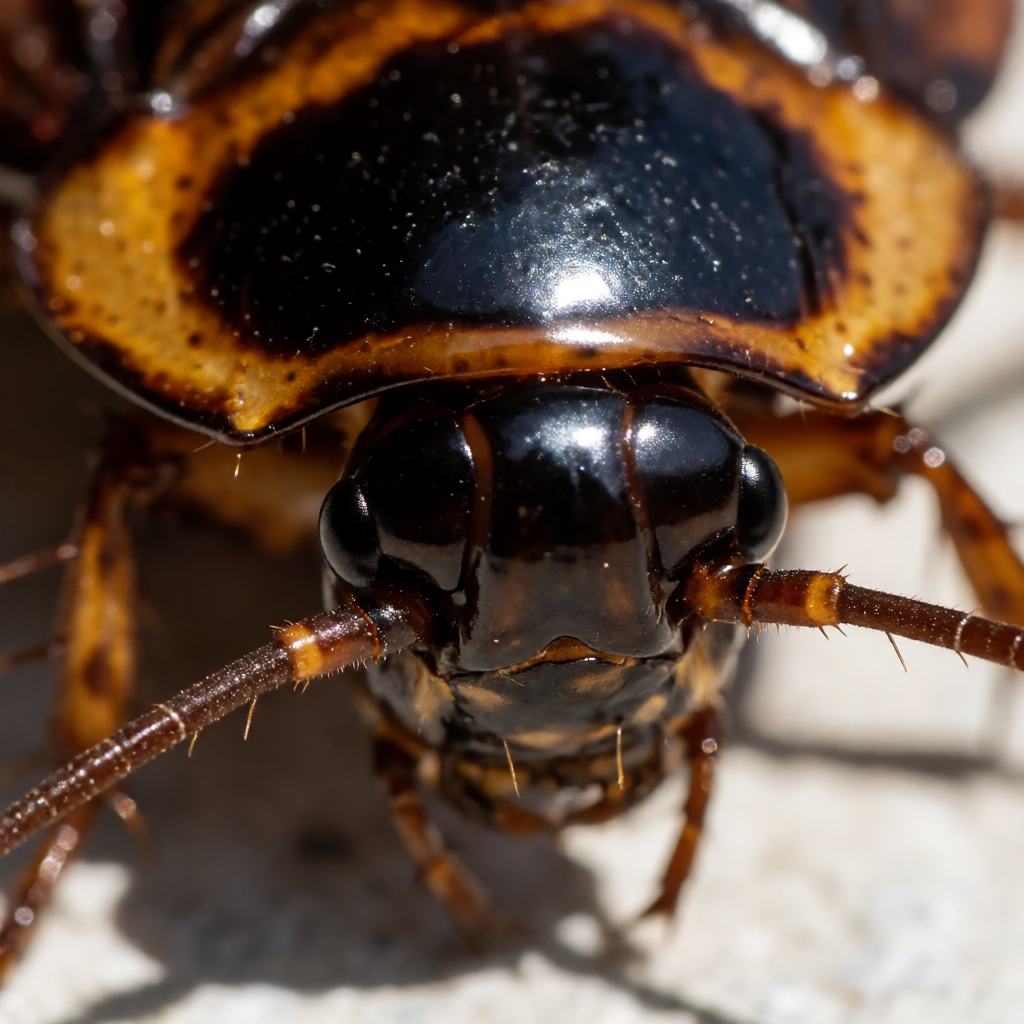 Close-up of an Oriental Cockroach on a damp stone showing the very dark reddish brown body, the smooth shiny outer shell and the short wing cases that cover part of the back