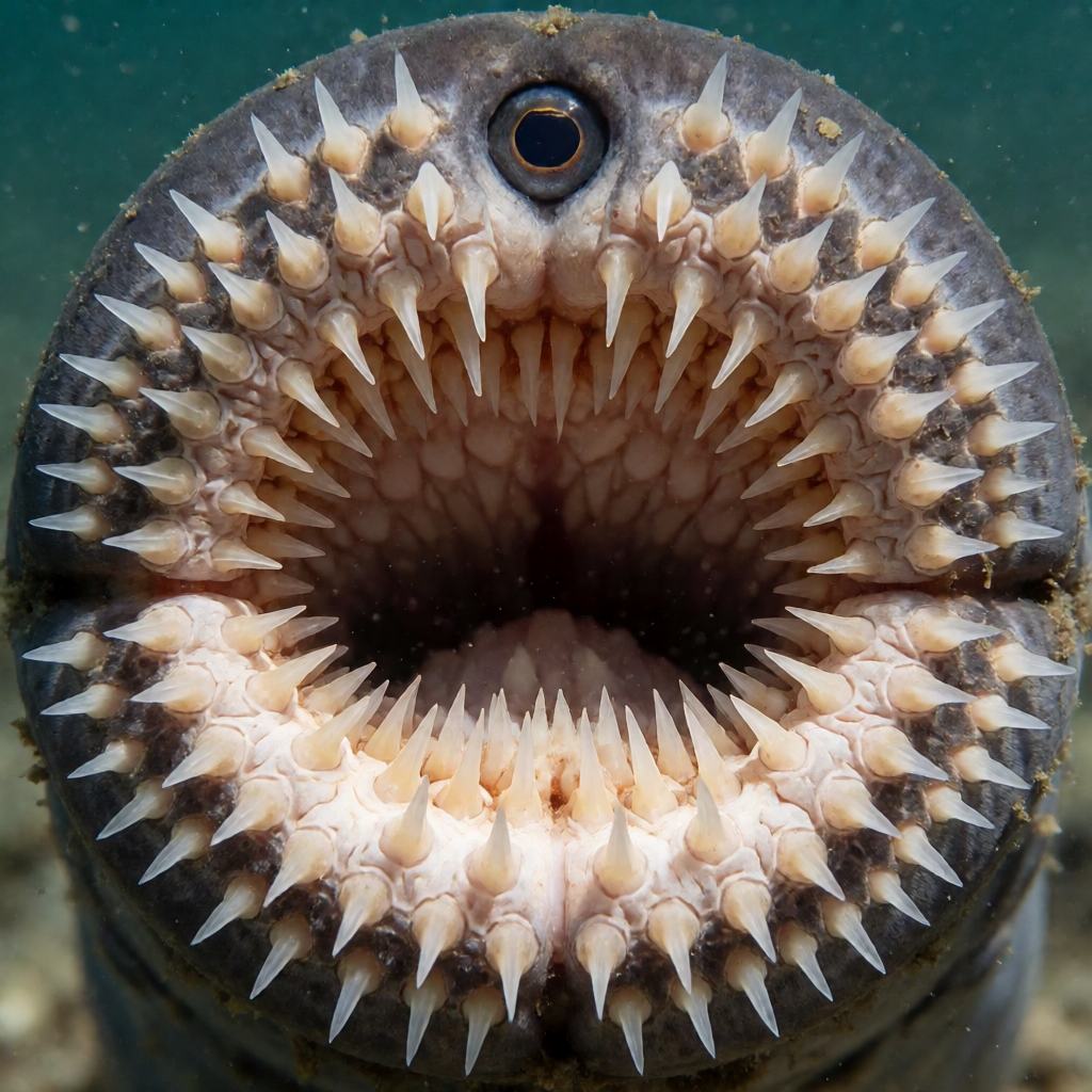 Close-up of a Sea Lamprey on a rock showing the long smooth eel like body, the mottled olive brown and grey skin, the single nostril on the head and the row of seven round gill pores