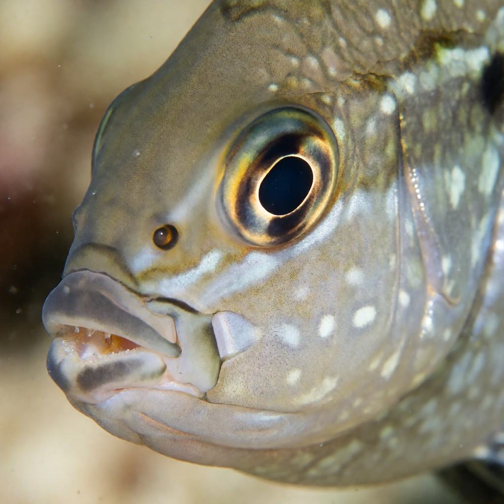 Close-up of a Slender Sunfish near the surface showing the long body flattened from side to side, the smooth silver grey skin with faint pale bars and the rounded rudder at the back where a tail fin would sit