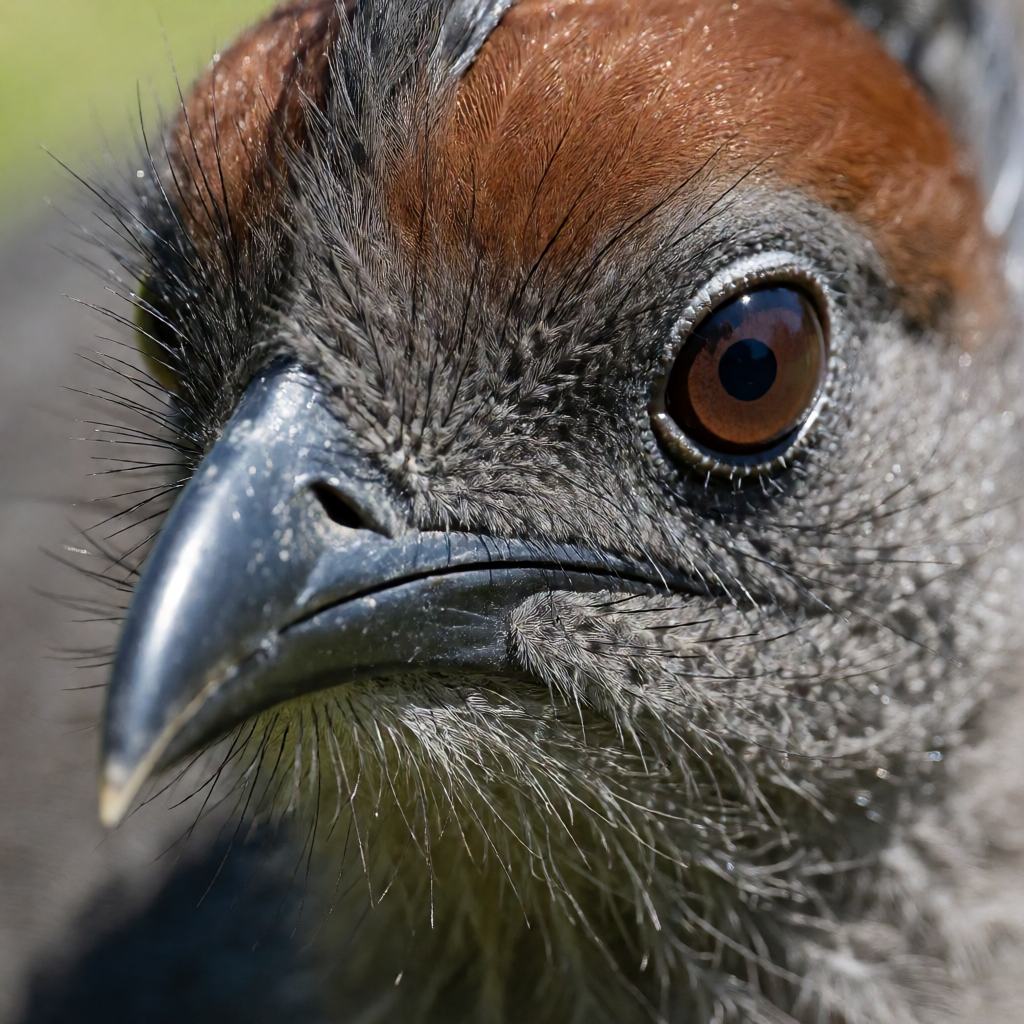 Close-up of a male Albert's Lyrebird on a forest mound showing the rich reddish brown back and wings, the grey brown barred underparts and the broad silver tail plumes spread behind him