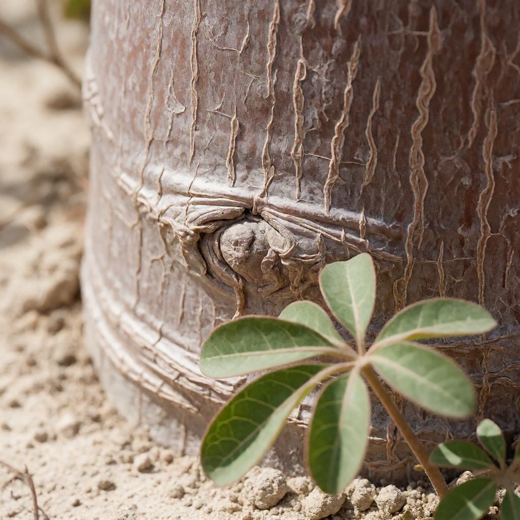 Close-up of a Grandidier's Baobab showing the huge smooth reddish grey trunk with fine vertical lines and the small crown of leaves on top against a dry sky