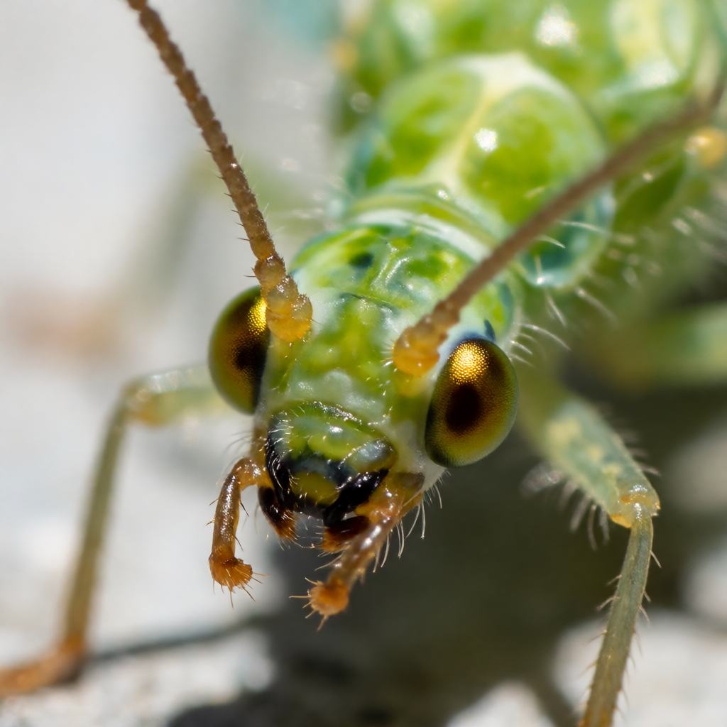 Close-up of a Common Green Lacewing on a leaf showing the pale green body, the long thread like antennae and the transparent wings covered in a dense net of fine veins