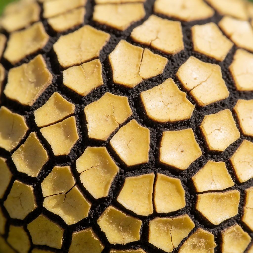 Close-up of a Scaly Earthball on sandy soil showing the rounded body, the thick leathery skin covered in coarse scales and the short stem like base of white threads