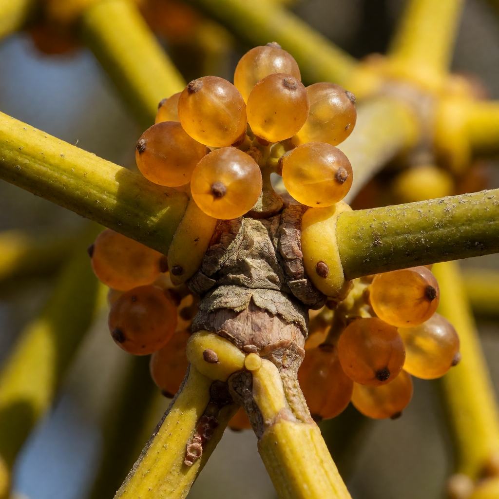 Close-up of a Yellow Mistletoe bush on an oak branch showing the jointed yellow green stems, the small leaves and the oval berries ripening on the bare winter twigs