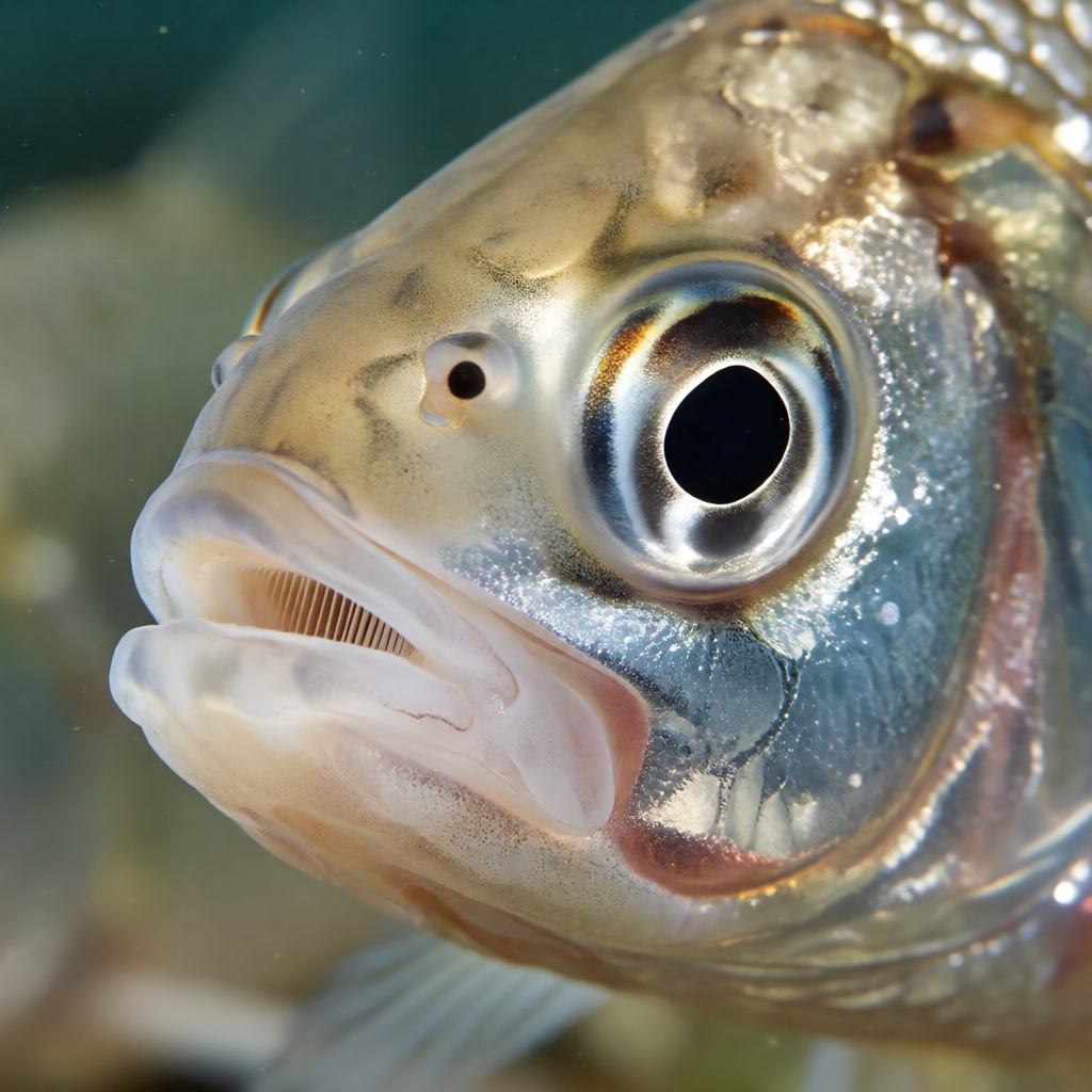 Close-up of a Common Whitefish in clear water showing the long silver body, the small mouth with a jutting upper jaw and the pale grey fins