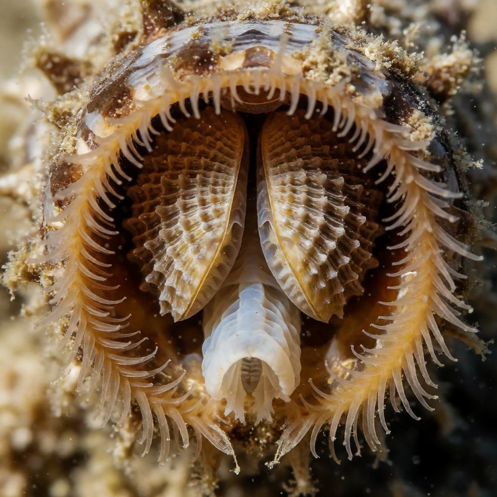 Close-up of a Feathery Shipworm in driftwood showing the long pale worm like body, the two small ridged shell valves at the front and the feathery siphons held out in the water