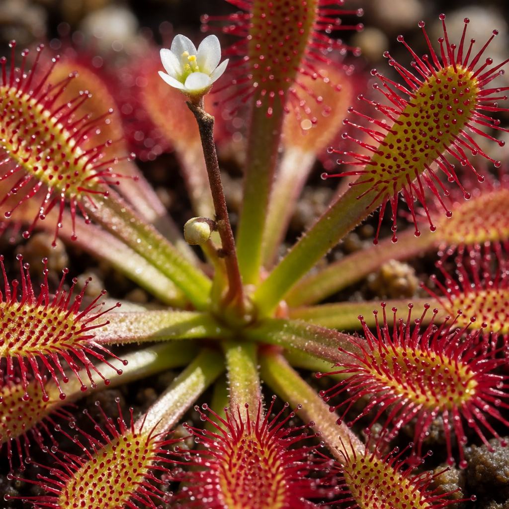Close-up of an Oblong-leaved Sundew on wet peat showing the flat rosette of narrow leaves covered in red tentacles tipped with clear sticky drops