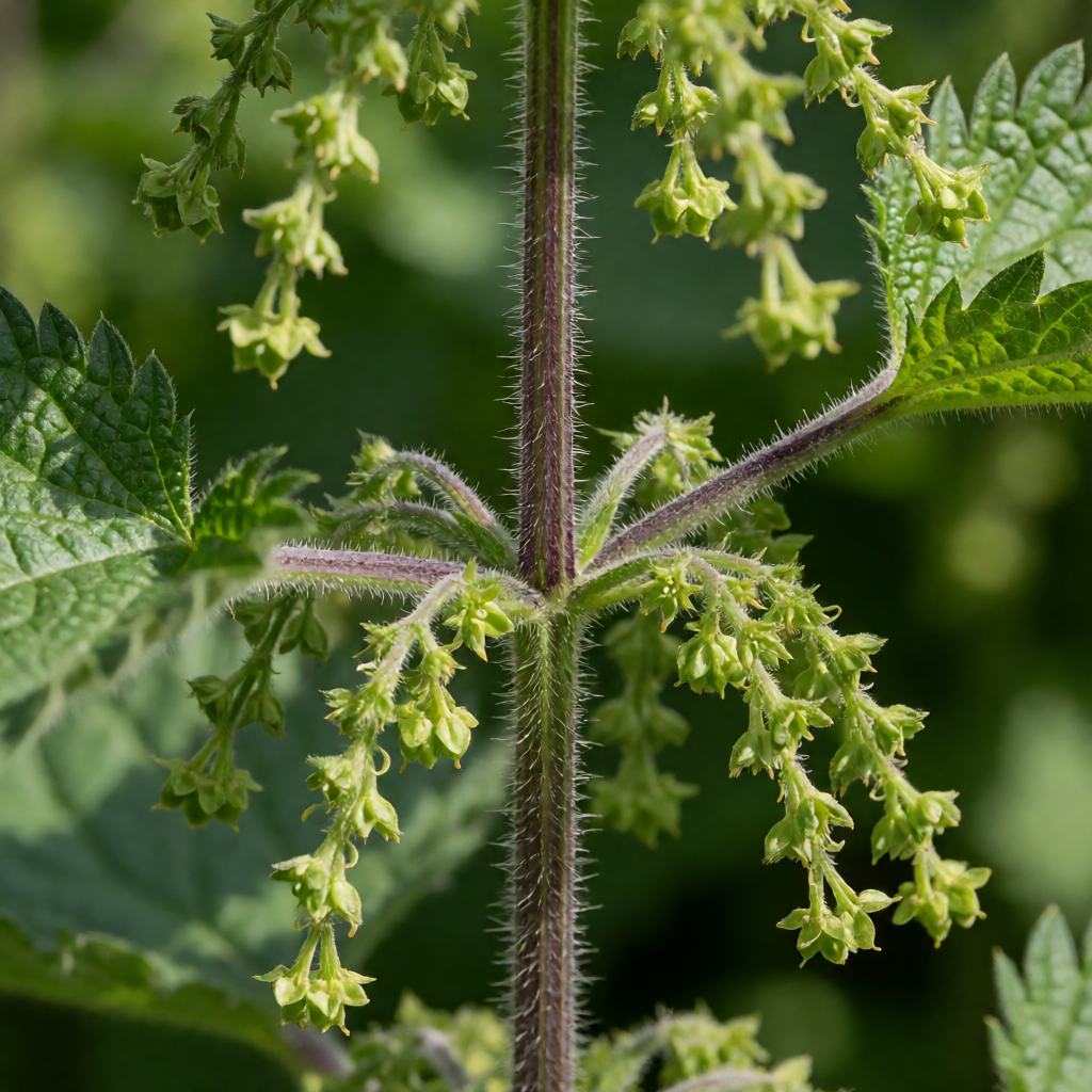 Close-up of an Annual Nettle showing the bright green deeply toothed leaves, the clusters of tiny green flowers and the stinging hairs on the stems